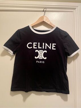 Celine Triomphe T-shirt in cotton jersey featuring a contrasting ribbed collar